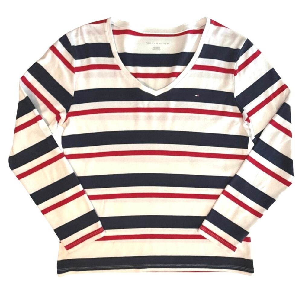 Tommy Hilfiger Striped Vneck Top Womens Size XL Cotton Logo Preppy Casual Travel